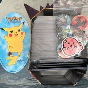 300+ Pokemon Cards Bundle LOT with Stickers & Button Pins!
